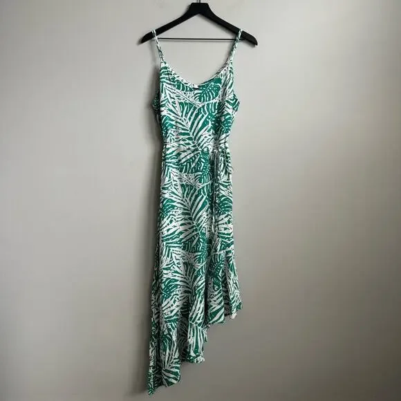 MINKPINK Collins Asymmetrical Hem Midi Dress in Green Palm Print Size Medium - Picture 2 of 11